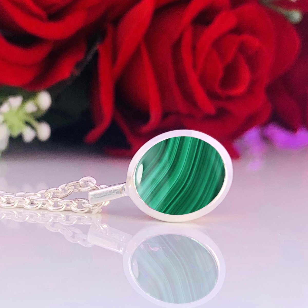 Malachite Necklace – Dainty Silver & Gold Vermeil Oval Pendant - BeadsBoatInc