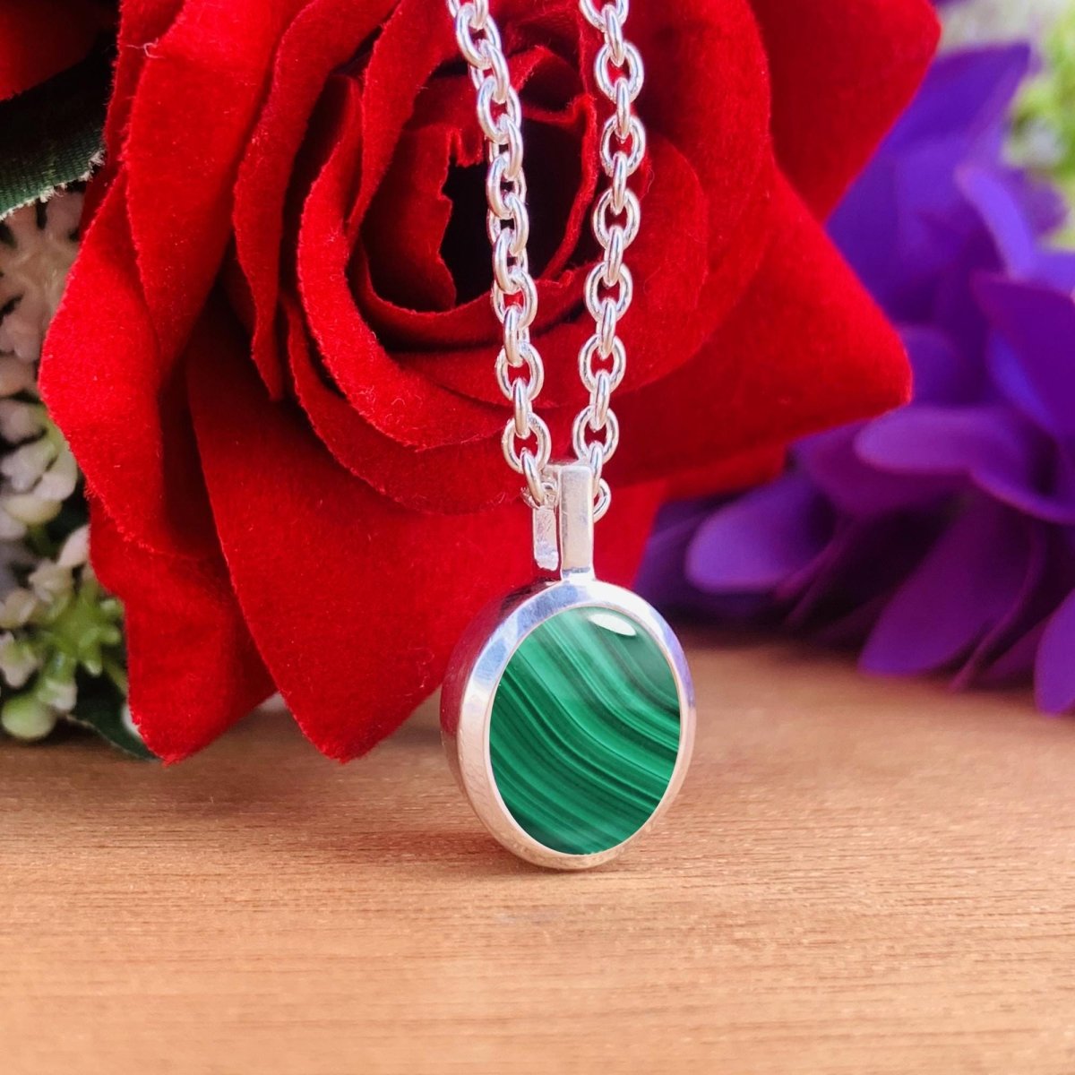 Malachite Necklace – Dainty Silver & Gold Vermeil Oval Pendant - BeadsBoatInc