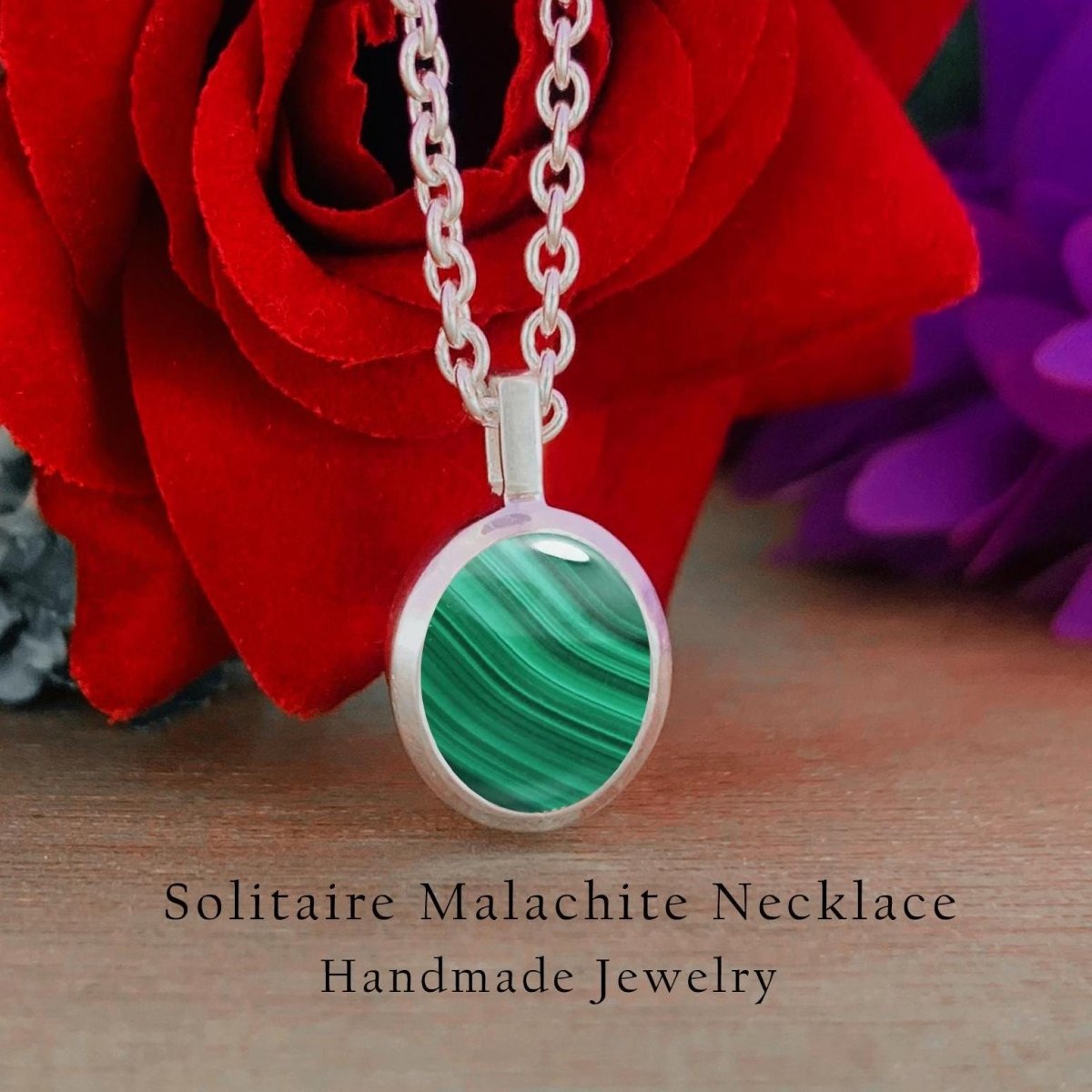 Malachite Necklace – Dainty Silver & Gold Vermeil Oval Pendant - BeadsBoatInc
