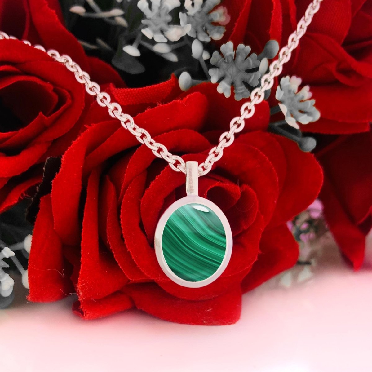 Malachite Necklace – Dainty Silver & Gold Vermeil Oval Pendant - BeadsBoatInc
