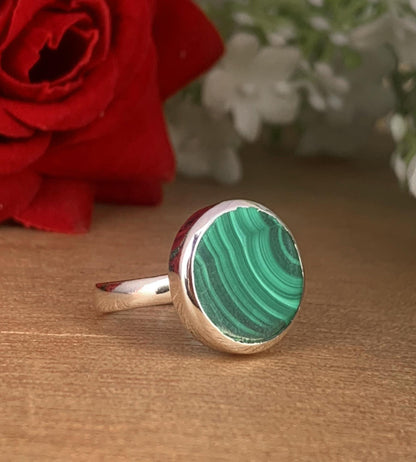Malachite Solitaire Signet Ring – Natural Green Stone Sterling Silver Ring - BeadsBoatInc