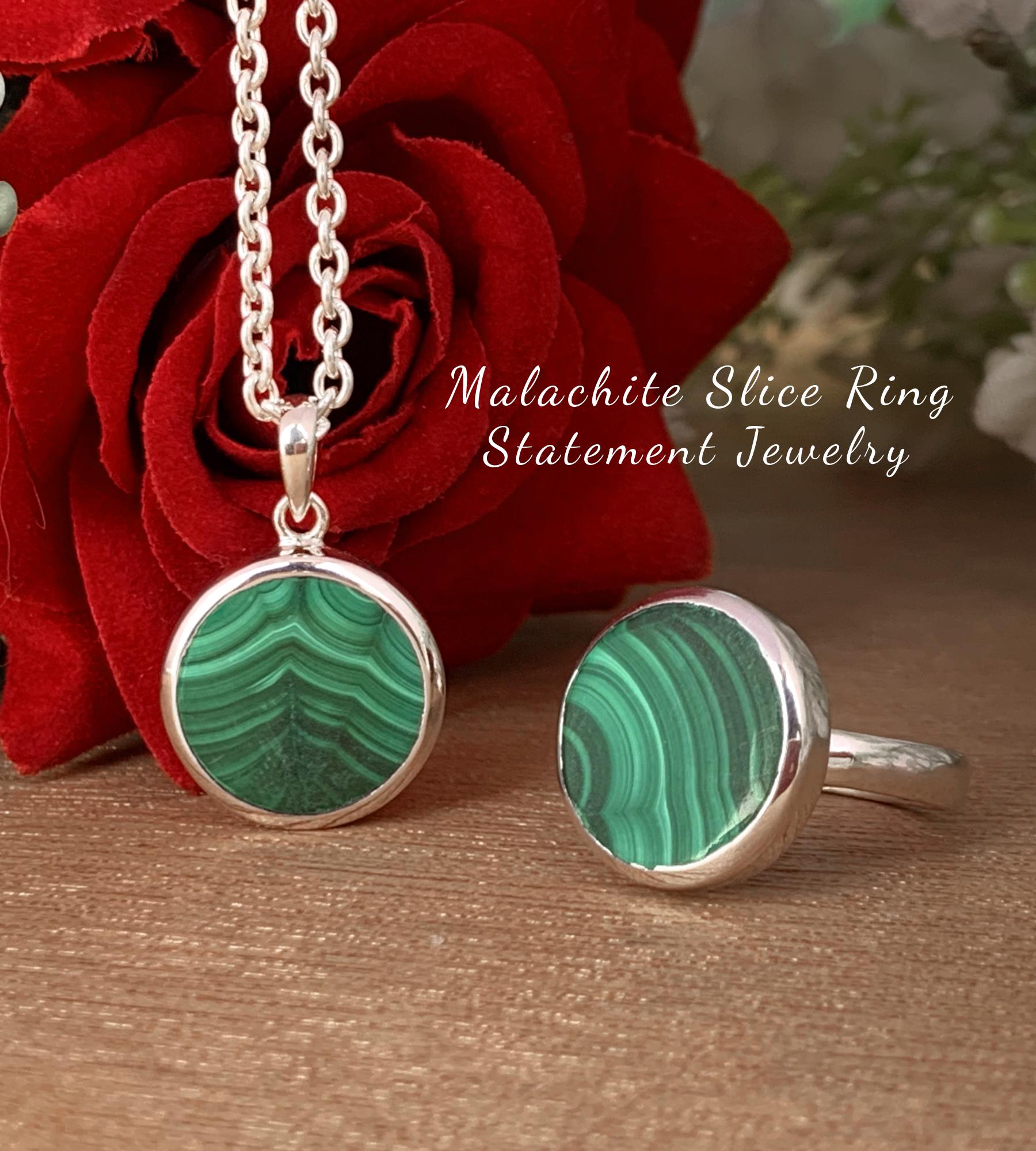 Malachite Solitaire Signet Ring – Natural Green Stone Sterling Silver Ring - BeadsBoatInc