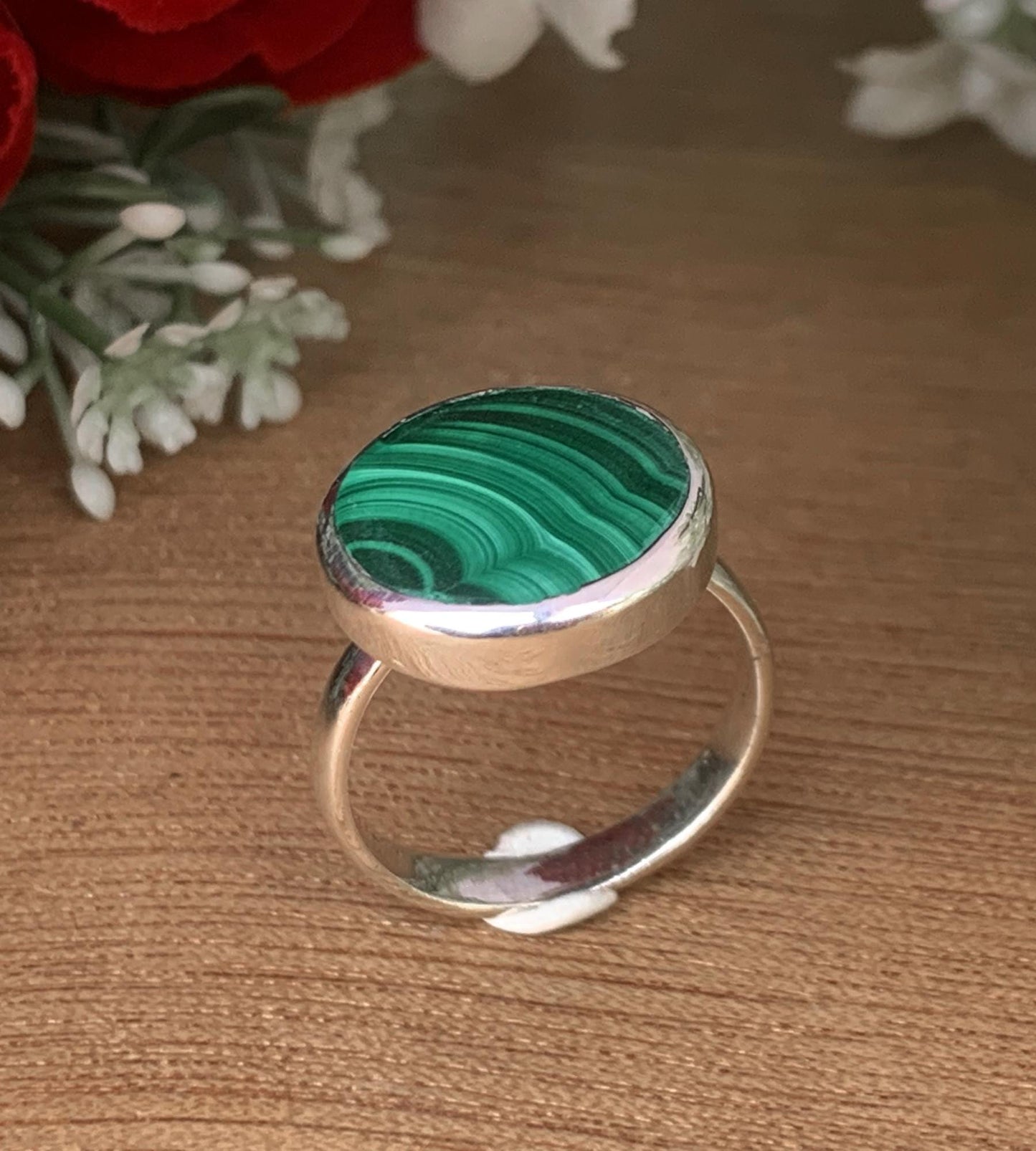 Malachite Solitaire Signet Ring – Natural Green Stone Sterling Silver Ring - BeadsBoatInc
