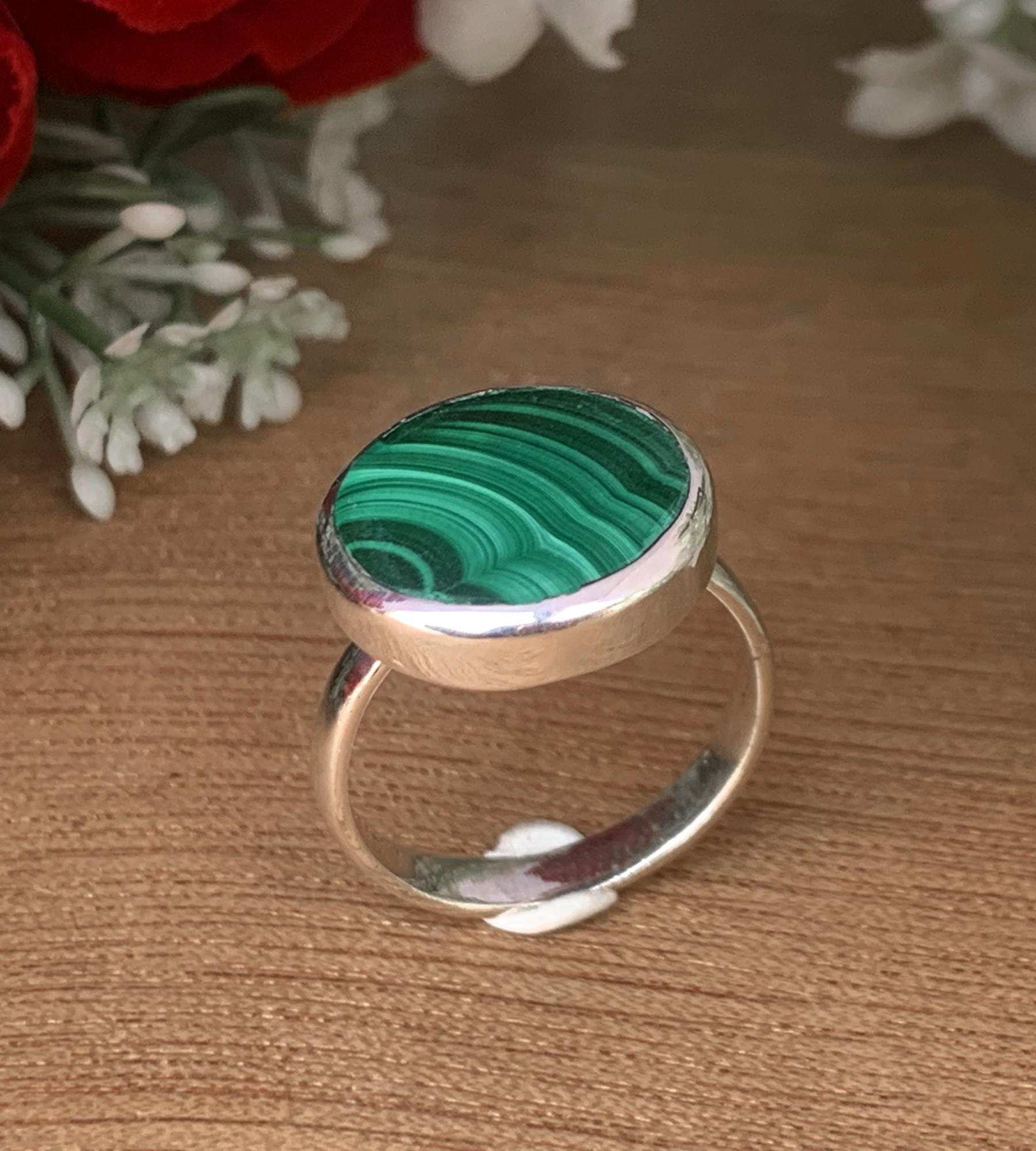 Malachite Solitaire Signet Ring – Natural Green Stone Sterling Silver Ring - BeadsBoatInc
