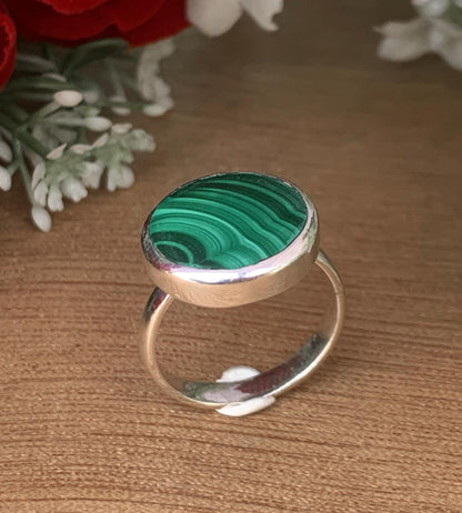 Malachite Solitaire Signet Ring – Natural Green Stone Sterling Silver Ring - BeadsBoatInc