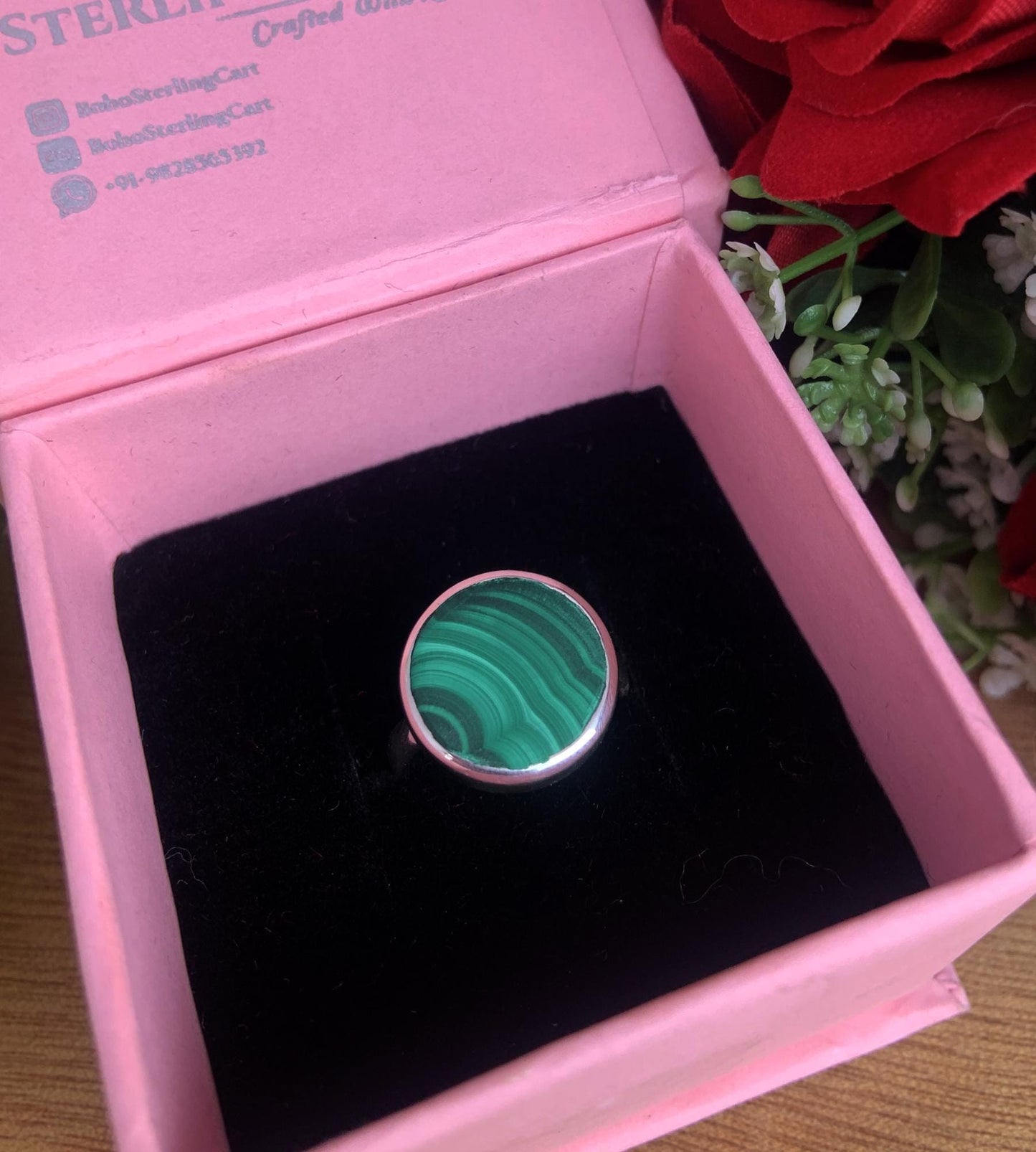 Malachite Solitaire Signet Ring – Natural Green Stone Sterling Silver Ring - BeadsBoatInc
