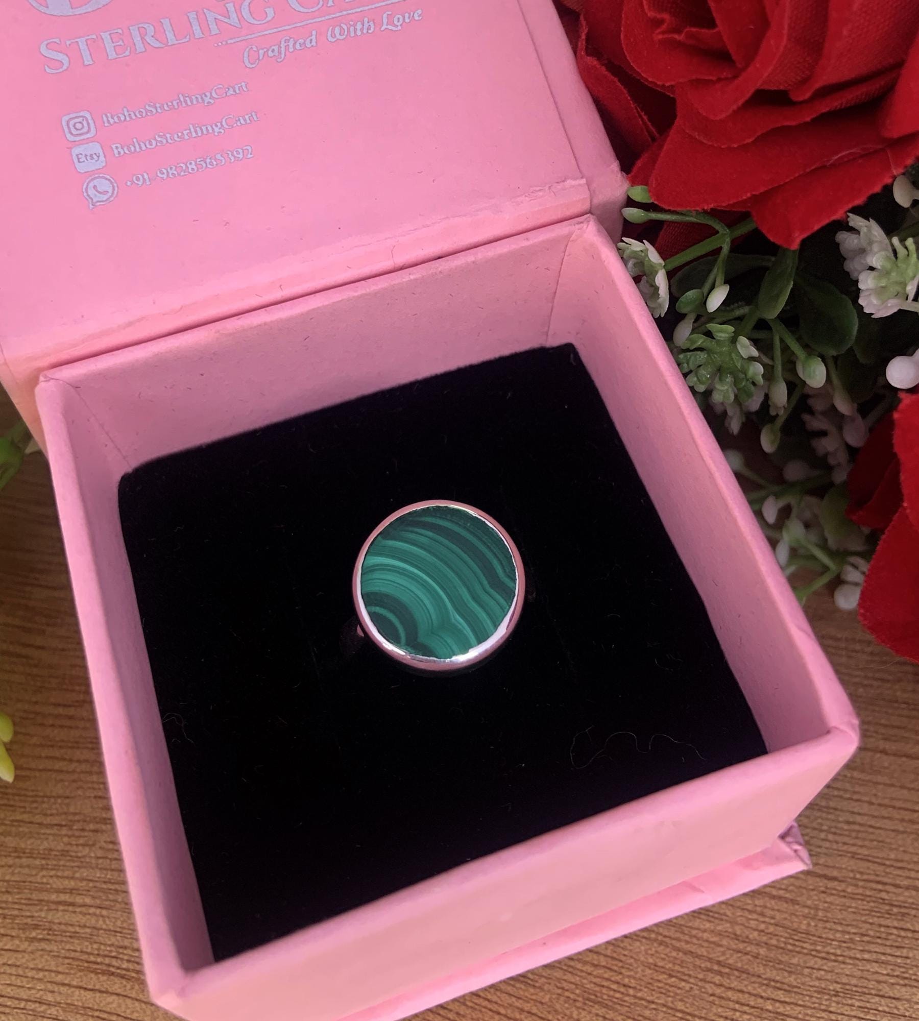 Malachite Solitaire Signet Ring – Natural Green Stone Sterling Silver Ring - BeadsBoatInc