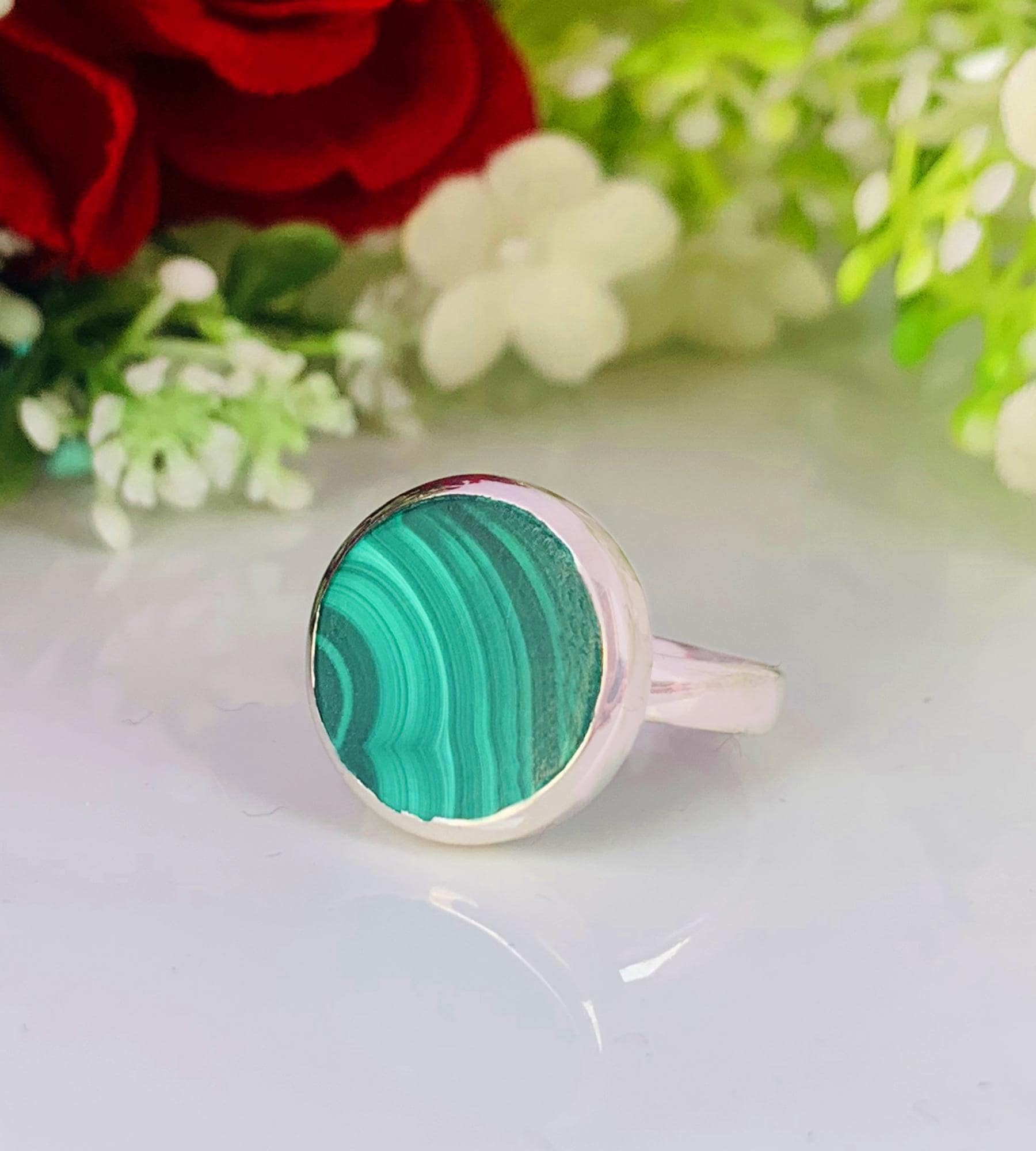 Malachite Solitaire Signet Ring – Natural Green Stone Sterling Silver Ring - BeadsBoatInc