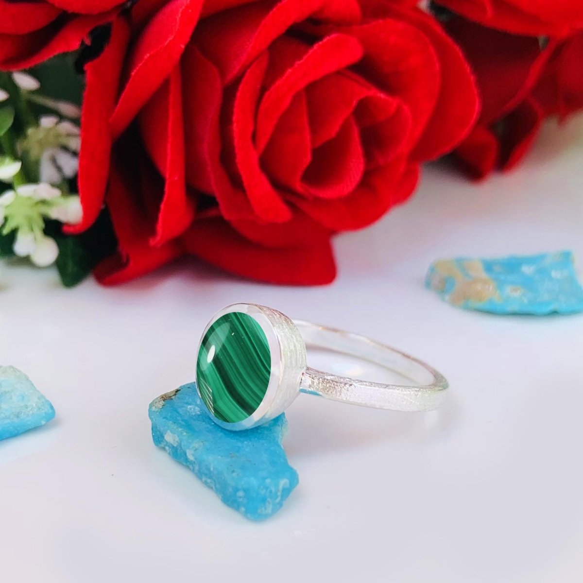 Malachite Stackable Ring, Minimal Silver Band, Dainty Green Stone Ring - BeadsBoatInc