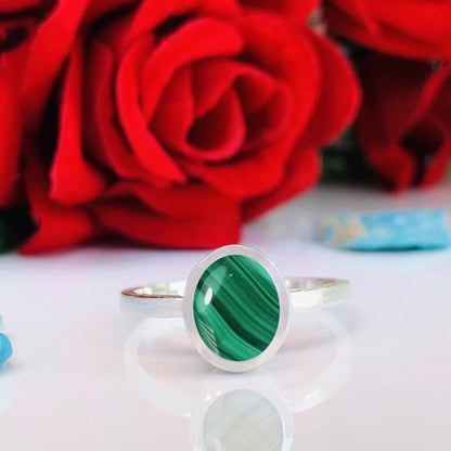Malachite Stackable Ring, Minimal Silver Band, Dainty Green Stone Ring - BeadsBoatInc