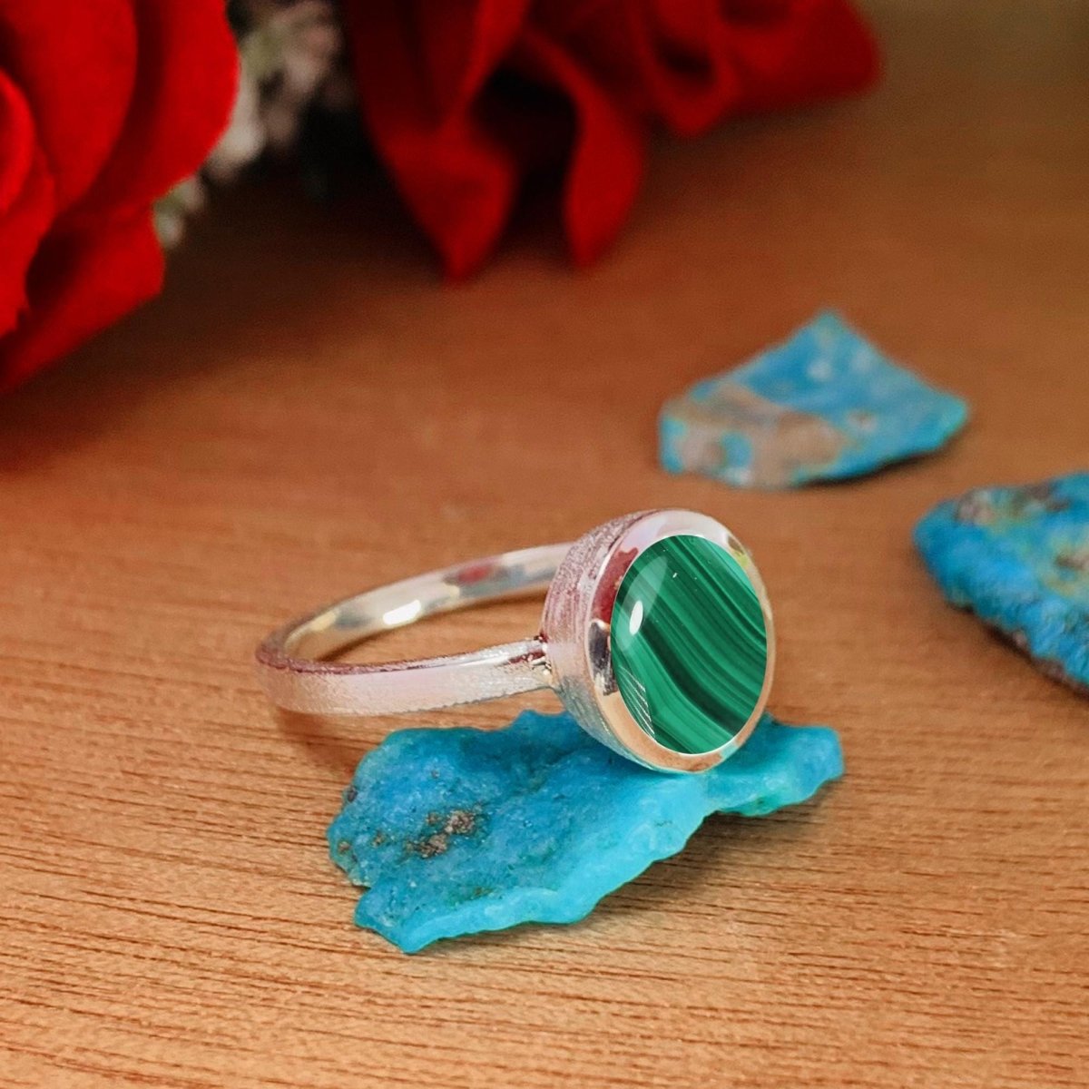 Malachite Stackable Ring, Minimal Silver Band, Dainty Green Stone Ring - BeadsBoatInc
