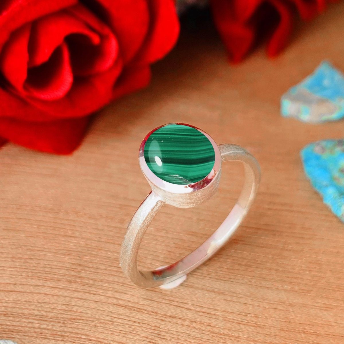 Malachite Stackable Ring, Minimal Silver Band, Dainty Green Stone Ring - BeadsBoatInc