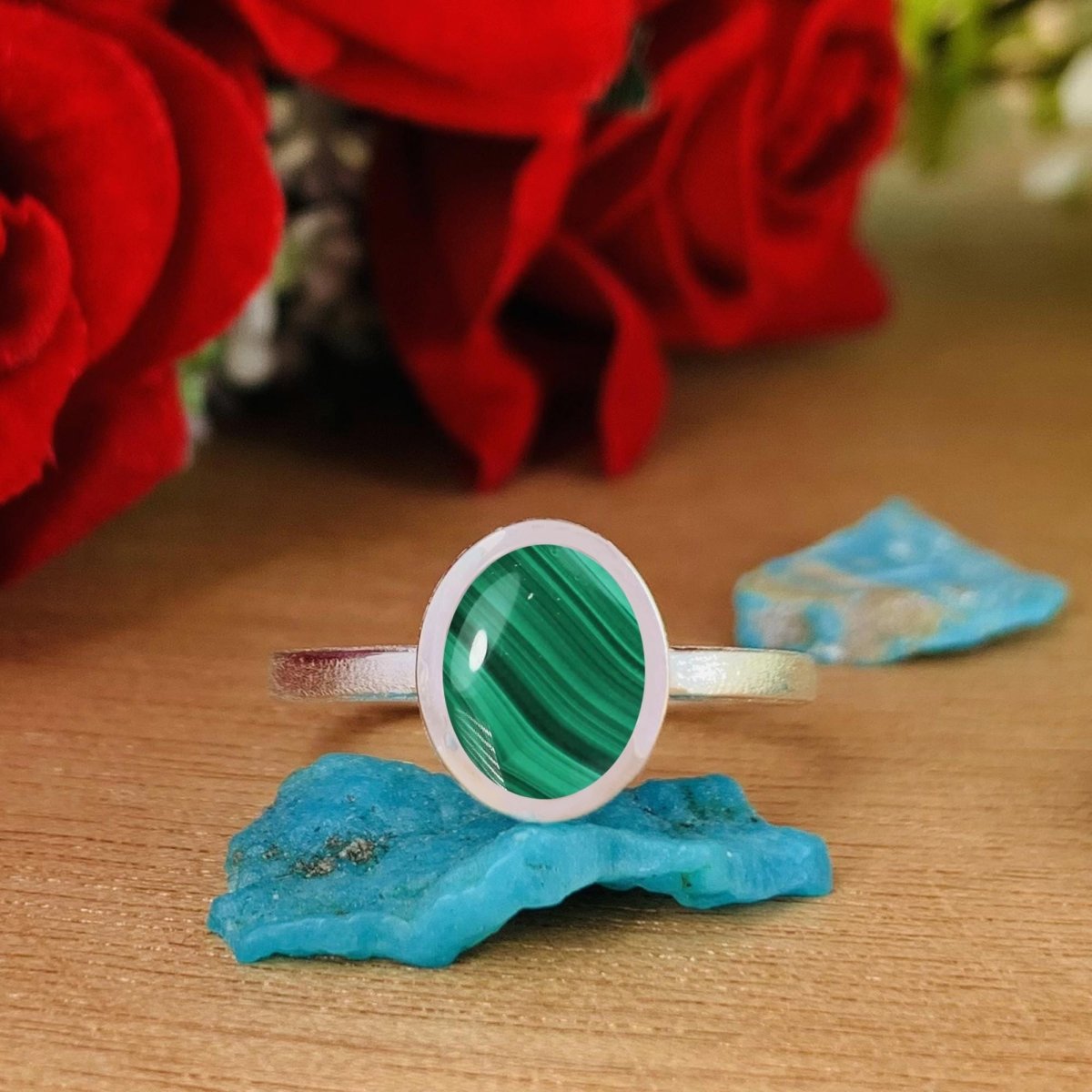 Malachite Stackable Ring, Minimal Silver Band, Dainty Green Stone Ring - BeadsBoatInc