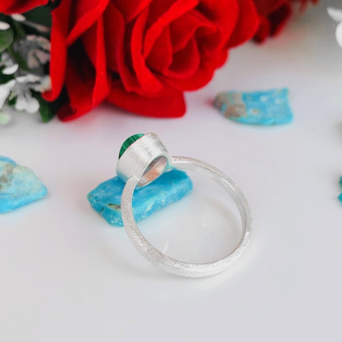 Malachite Stackable Ring, Minimal Silver Band, Dainty Green Stone Ring - BeadsBoatInc