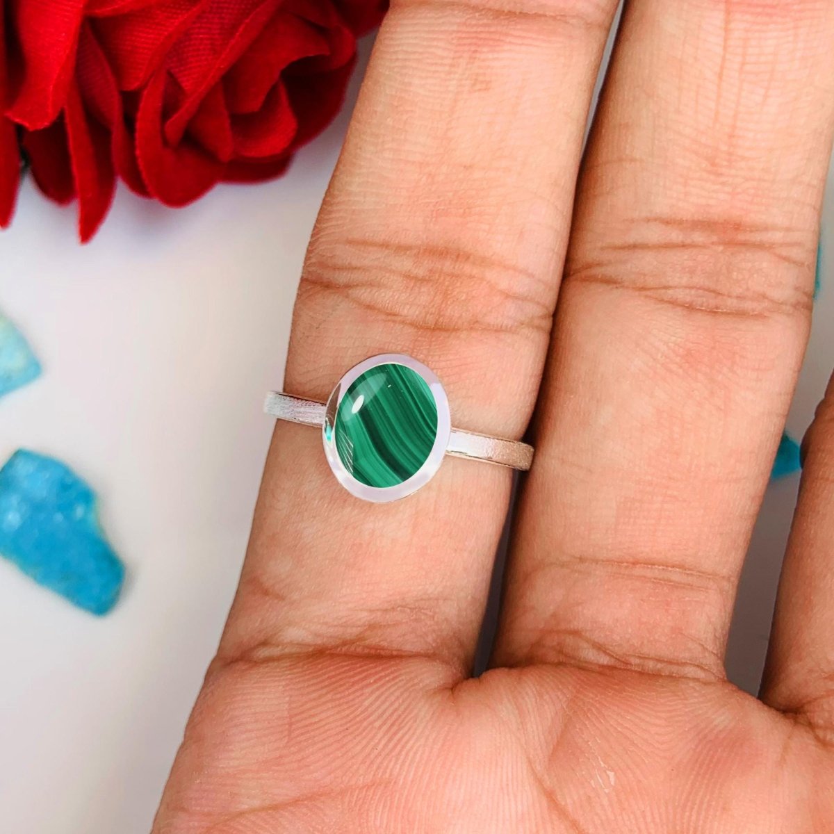 Malachite Stackable Ring, Minimal Silver Band, Dainty Green Stone Ring - BeadsBoatInc