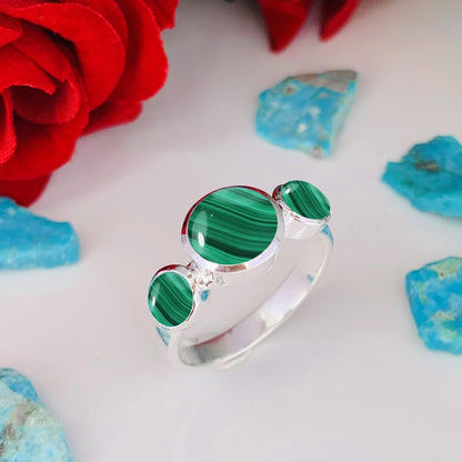 Malachite Trinity Ring – 3 Stone Sterling Silver Stacking Ring - BeadsBoatInc