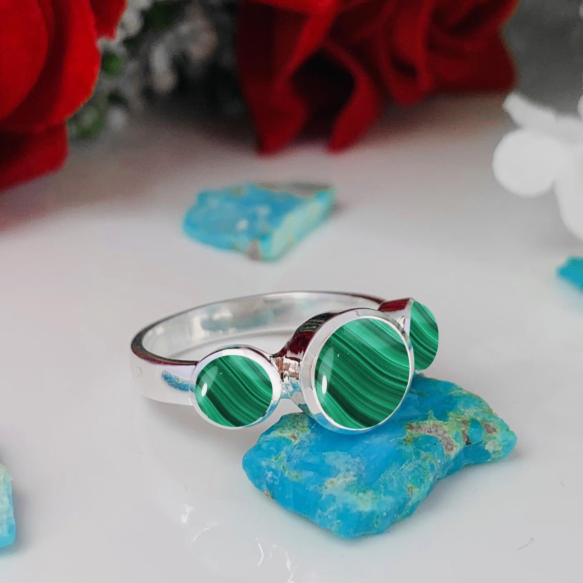 Malachite Trinity Ring – 3 Stone Sterling Silver Stacking Ring - BeadsBoatInc
