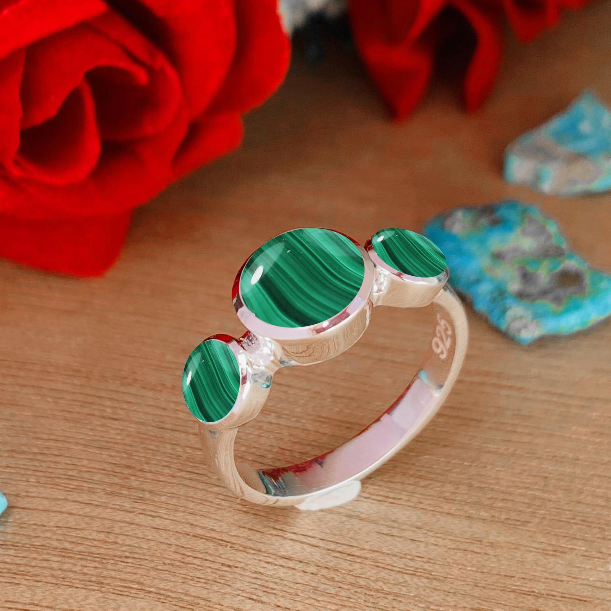 Malachite Trinity Ring – 3 Stone Sterling Silver Stacking Ring - BeadsBoatInc
