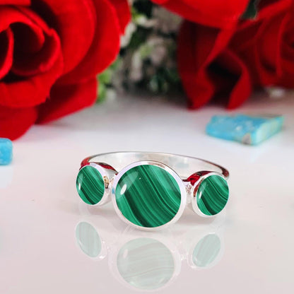 Malachite Trinity Ring – 3 Stone Sterling Silver Stacking Ring - BeadsBoatInc