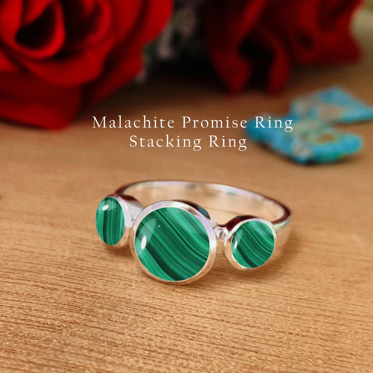 Malachite Trinity Ring – 3 Stone Sterling Silver Stacking Ring - BeadsBoatInc