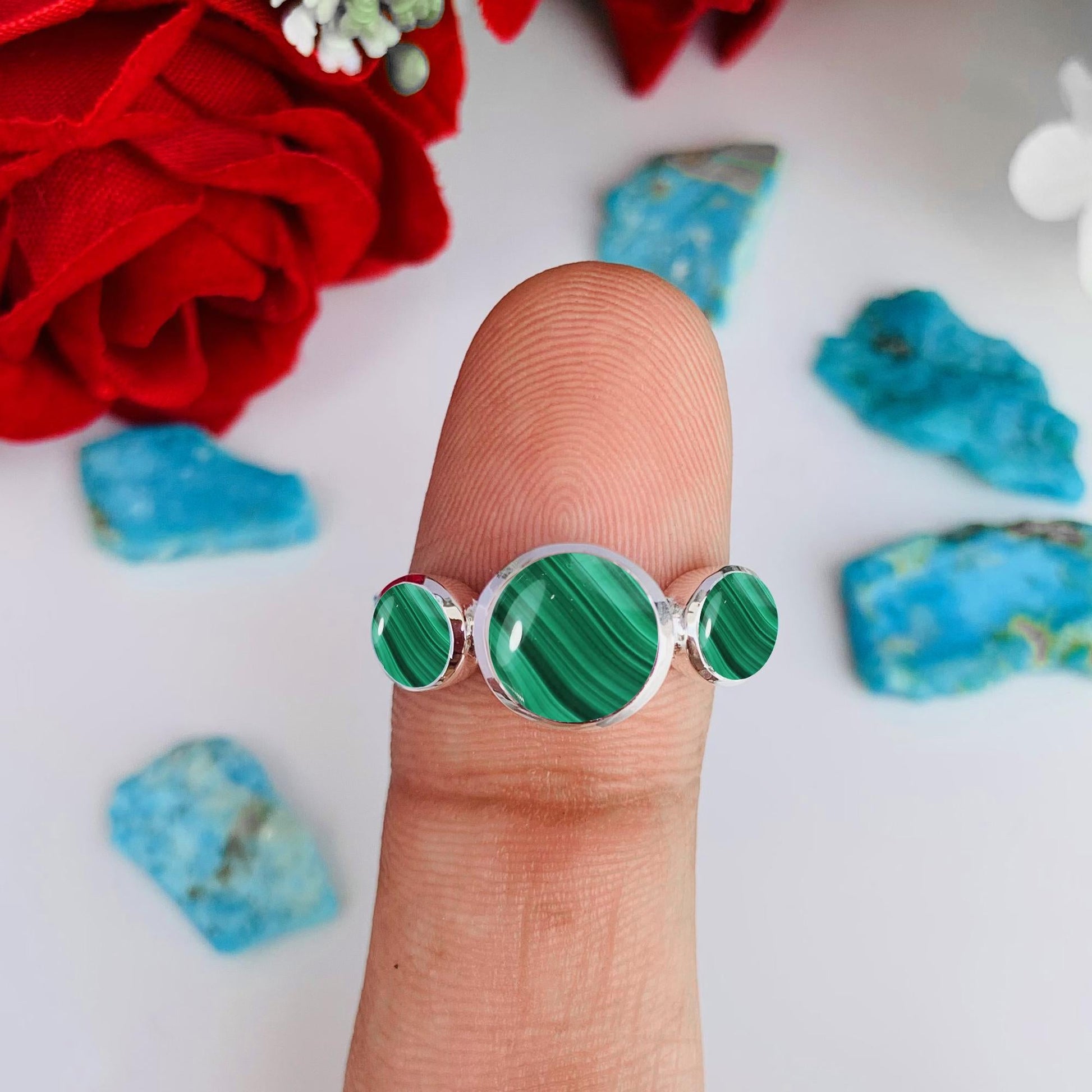 Malachite Trinity Ring – 3 Stone Sterling Silver Stacking Ring - BeadsBoatInc