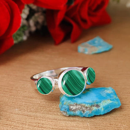 Malachite Trinity Ring – 3 Stone Sterling Silver Stacking Ring - BeadsBoatInc