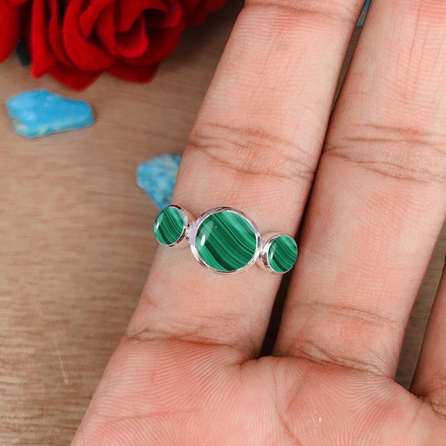 Malachite Trinity Ring – 3 Stone Sterling Silver Stacking Ring - BeadsBoatInc