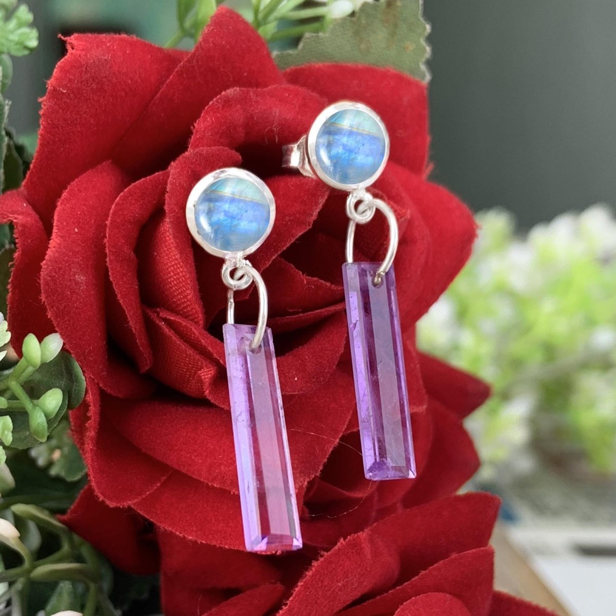 Moonstone Studs with Dangling Amethyst Crystal Pillars - 925 Silver Long Earrings - BeadsBoatInc