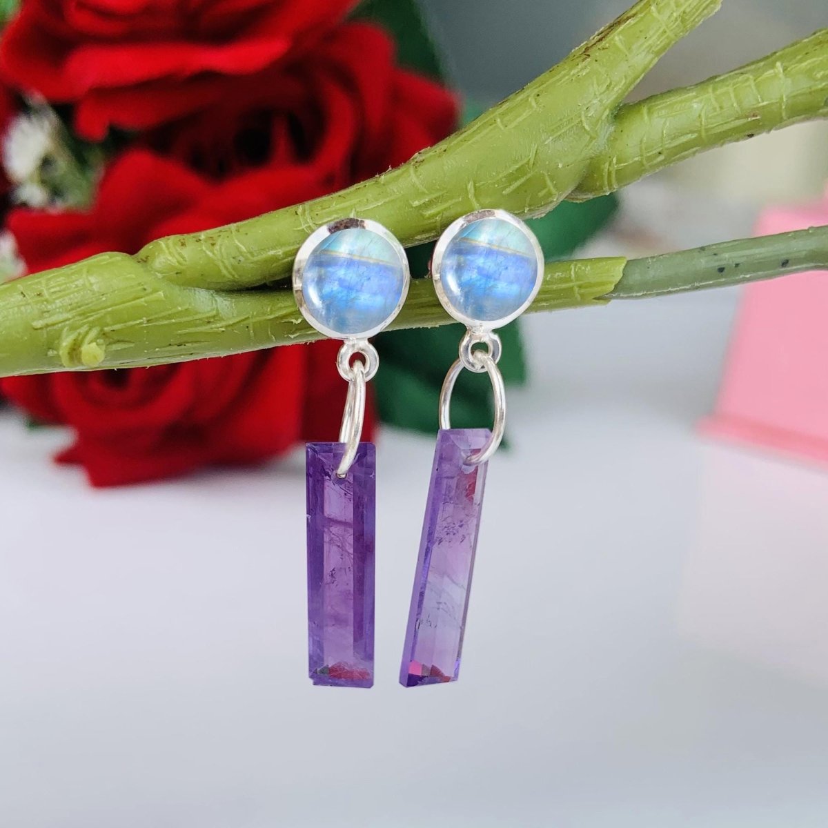 Moonstone Studs with Dangling Amethyst Crystal Pillars - 925 Silver Long Earrings - BeadsBoatInc