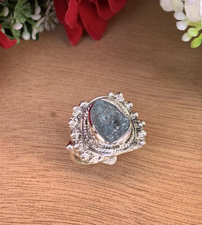 Moss Aquamarine Statement Ring | Boho Sterling Silver Birthstone Ring - BeadsBoatInc