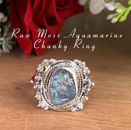 Moss Aquamarine Statement Ring | Boho Sterling Silver Birthstone Ring - BeadsBoatInc