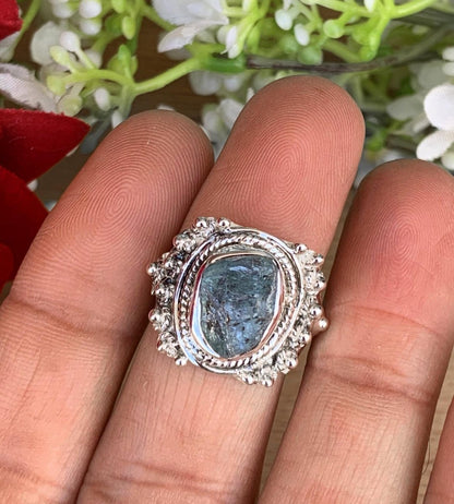 Moss Aquamarine Statement Ring | Boho Sterling Silver Birthstone Ring - BeadsBoatInc