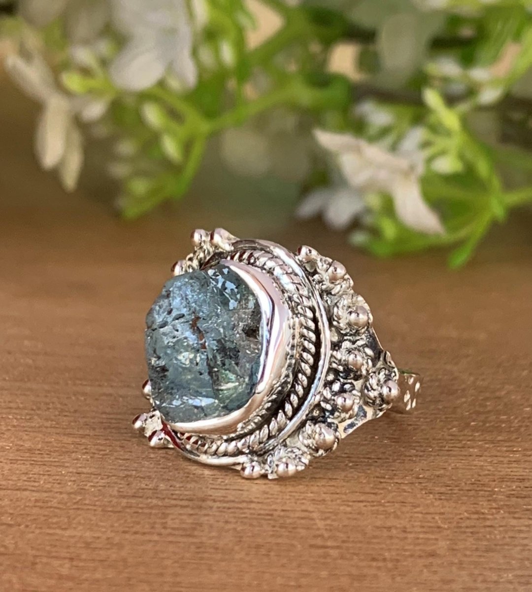 Moss Aquamarine Statement Ring | Boho Sterling Silver Birthstone Ring - BeadsBoatInc