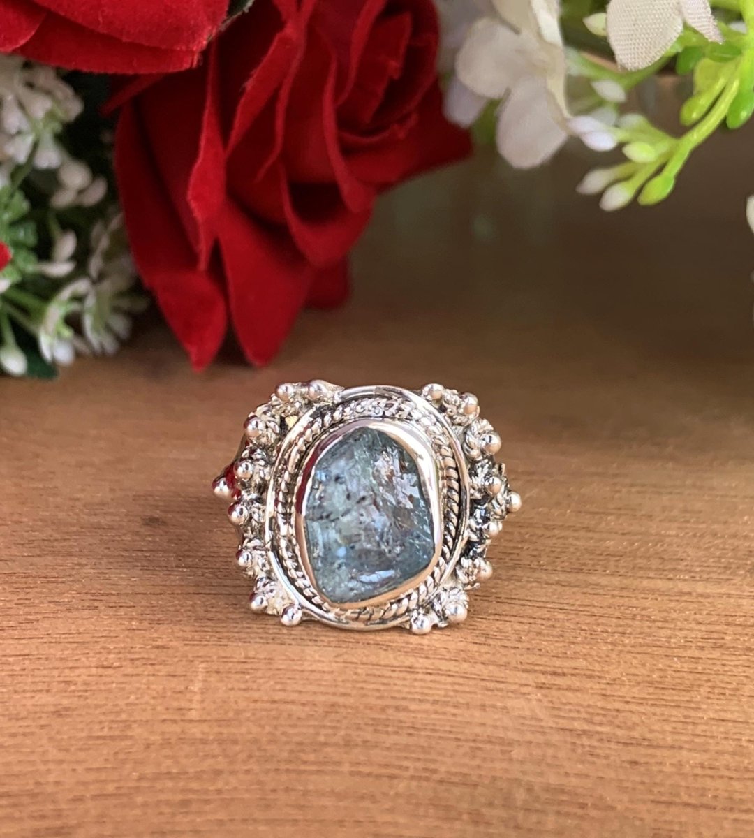 Moss Aquamarine Statement Ring | Boho Sterling Silver Birthstone Ring - BeadsBoatInc