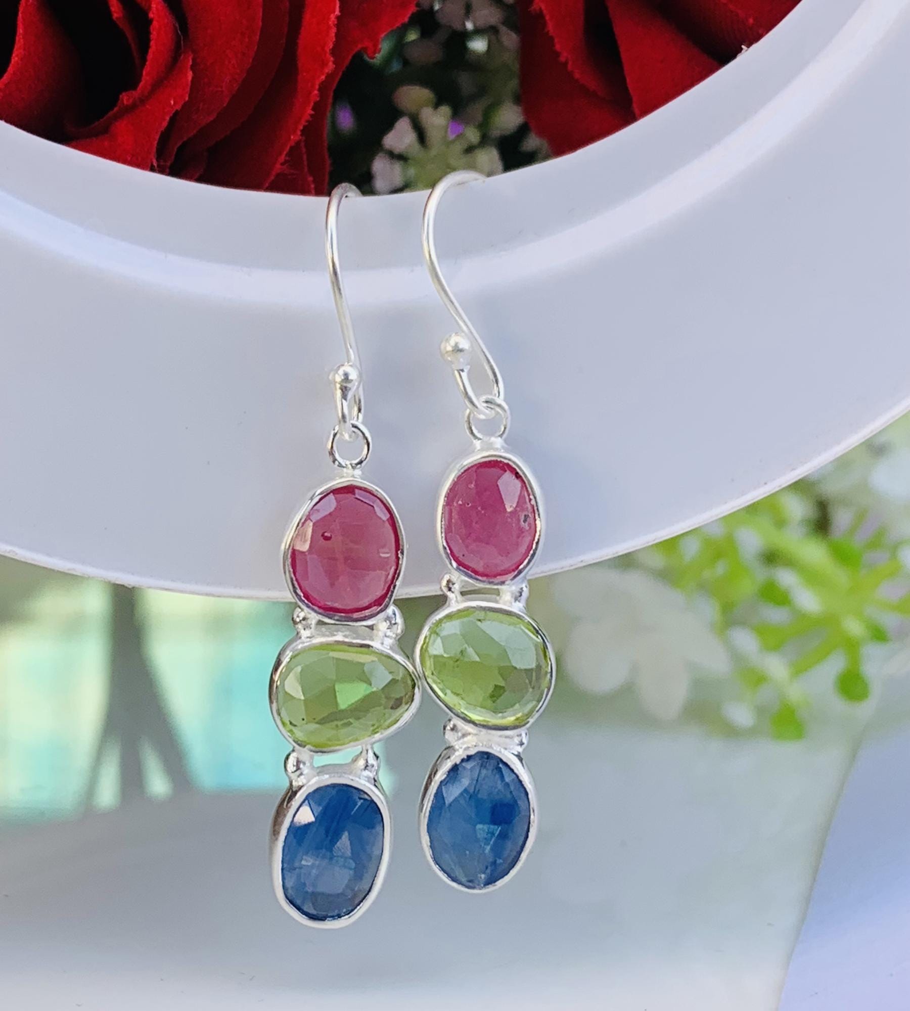 Multi Gemstone Dangle Earrings - 925 Silver Ruby, Peridot, Kyanite Gemstone Jewelry - BeadsBoatInc