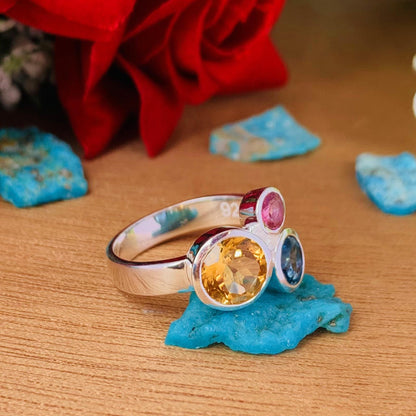 Multi Gemstone Ring in 925 Sterling Silver – Citrine, Blue Topaz, Pink Tourmaline - BeadsBoatInc