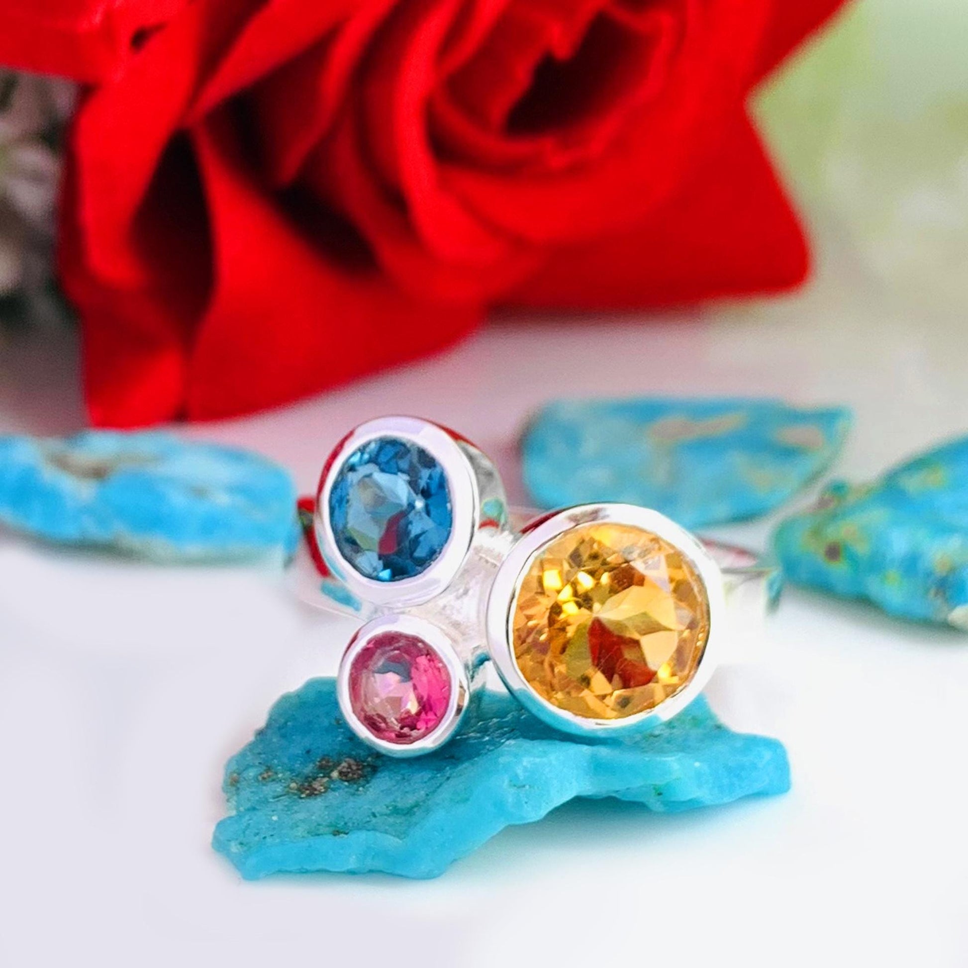 Multi Gemstone Ring in 925 Sterling Silver – Citrine, Blue Topaz, Pink Tourmaline - BeadsBoatInc