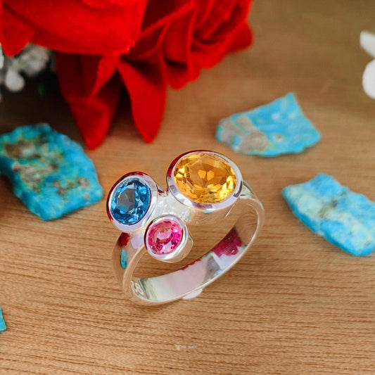 Multi Gemstone Ring in 925 Sterling Silver – Citrine, Blue Topaz, Pink Tourmaline - BeadsBoatInc