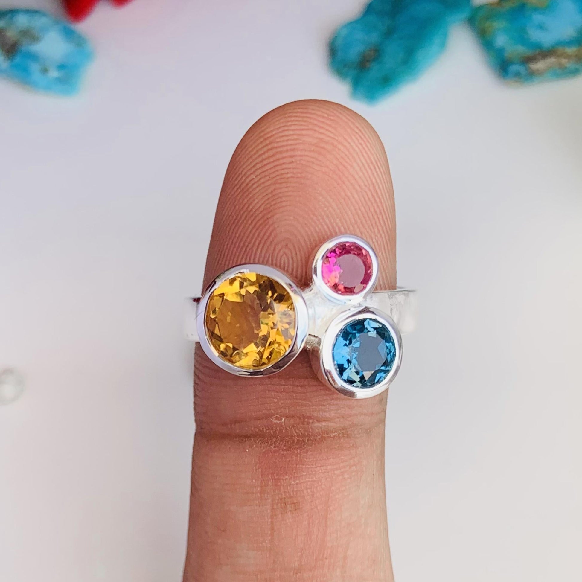 Multi Gemstone Ring in 925 Sterling Silver – Citrine, Blue Topaz, Pink Tourmaline - BeadsBoatInc