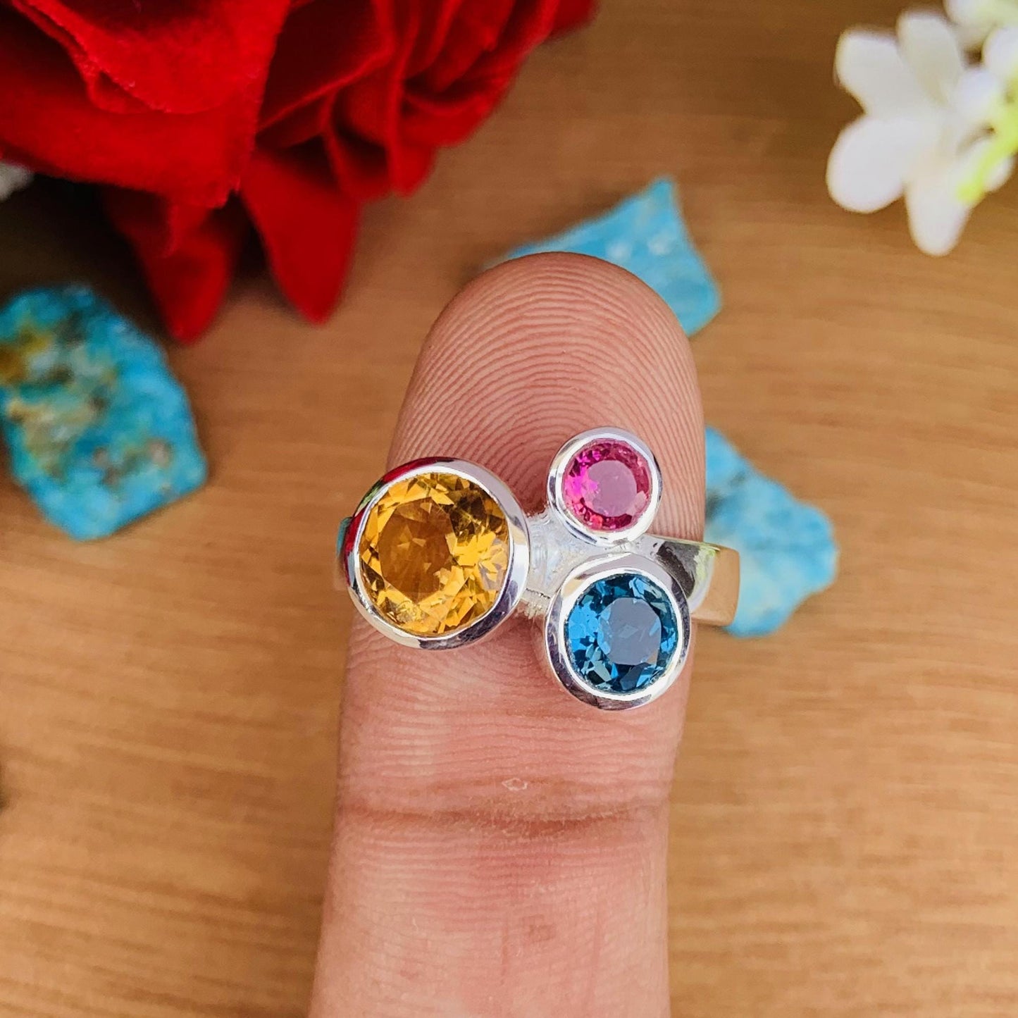 Multi Gemstone Ring in 925 Sterling Silver – Citrine, Blue Topaz, Pink Tourmaline - BeadsBoatInc