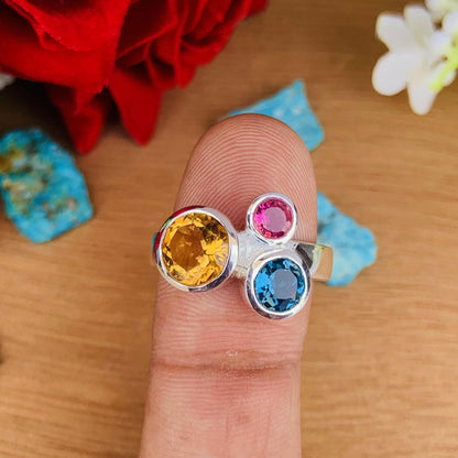 Multi Gemstone Ring in 925 Sterling Silver – Citrine, Blue Topaz, Pink Tourmaline - BeadsBoatInc