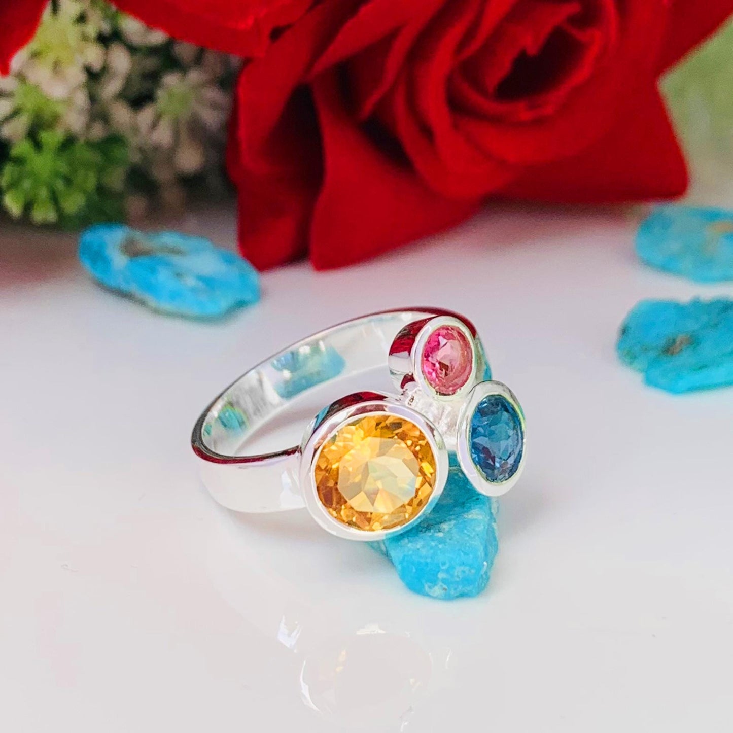 Multi Gemstone Ring in 925 Sterling Silver – Citrine, Blue Topaz, Pink Tourmaline - BeadsBoatInc