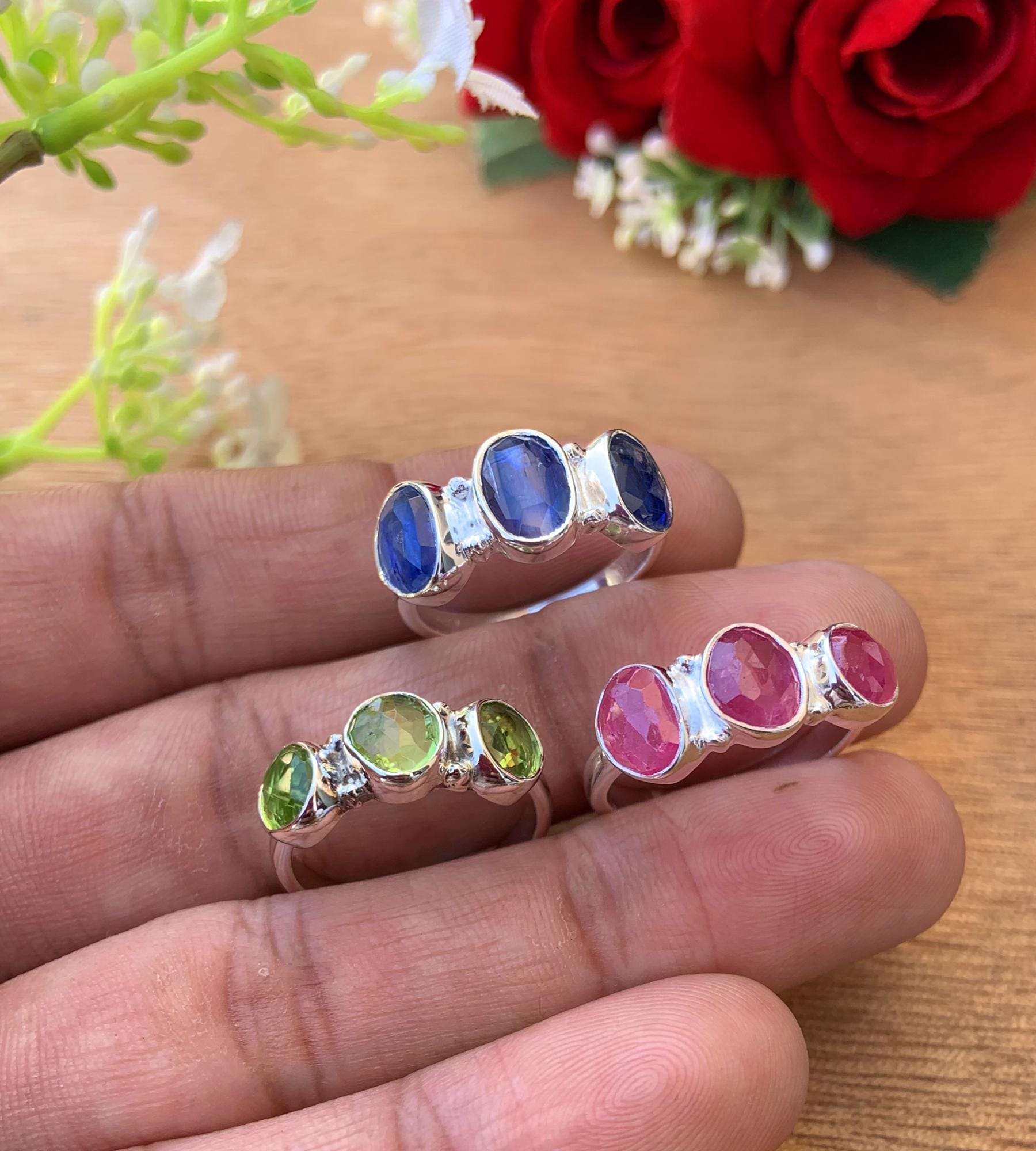 Multi - Stone Birthstone Ring - Minimalist Ruby Peridot Kyanite Stacking Band - BeadsBoatInc
