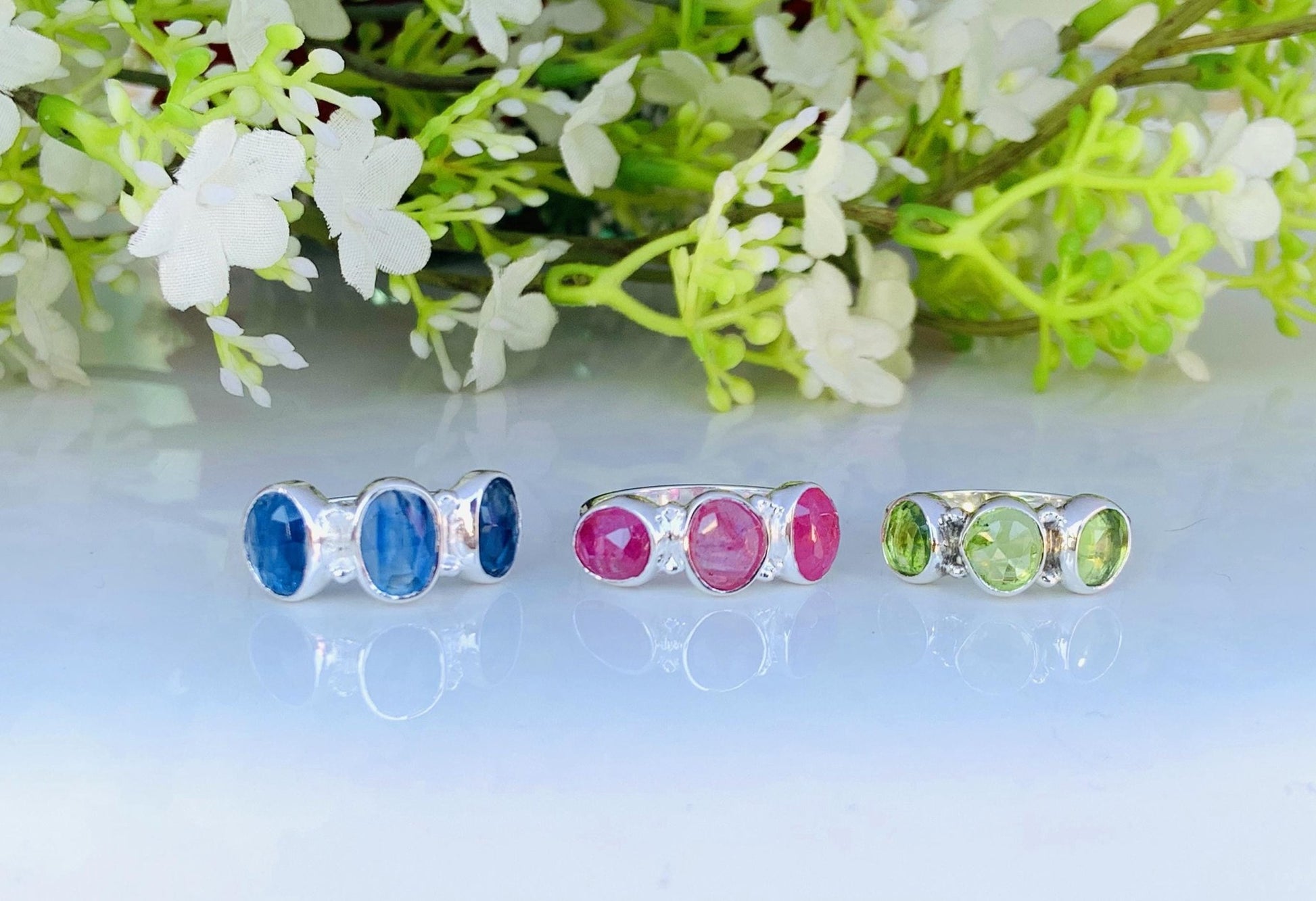 Multi - Stone Birthstone Ring - Minimalist Ruby Peridot Kyanite Stacking Band - BeadsBoatInc