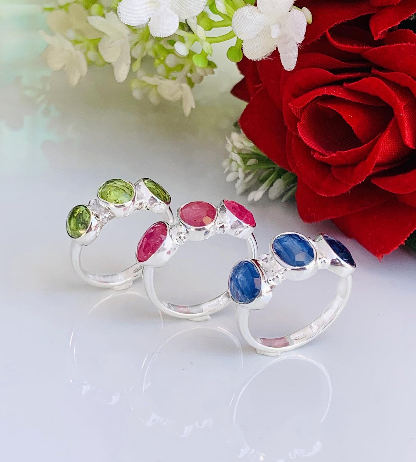 Multi - Stone Birthstone Ring - Minimalist Ruby Peridot Kyanite Stacking Band - BeadsBoatInc