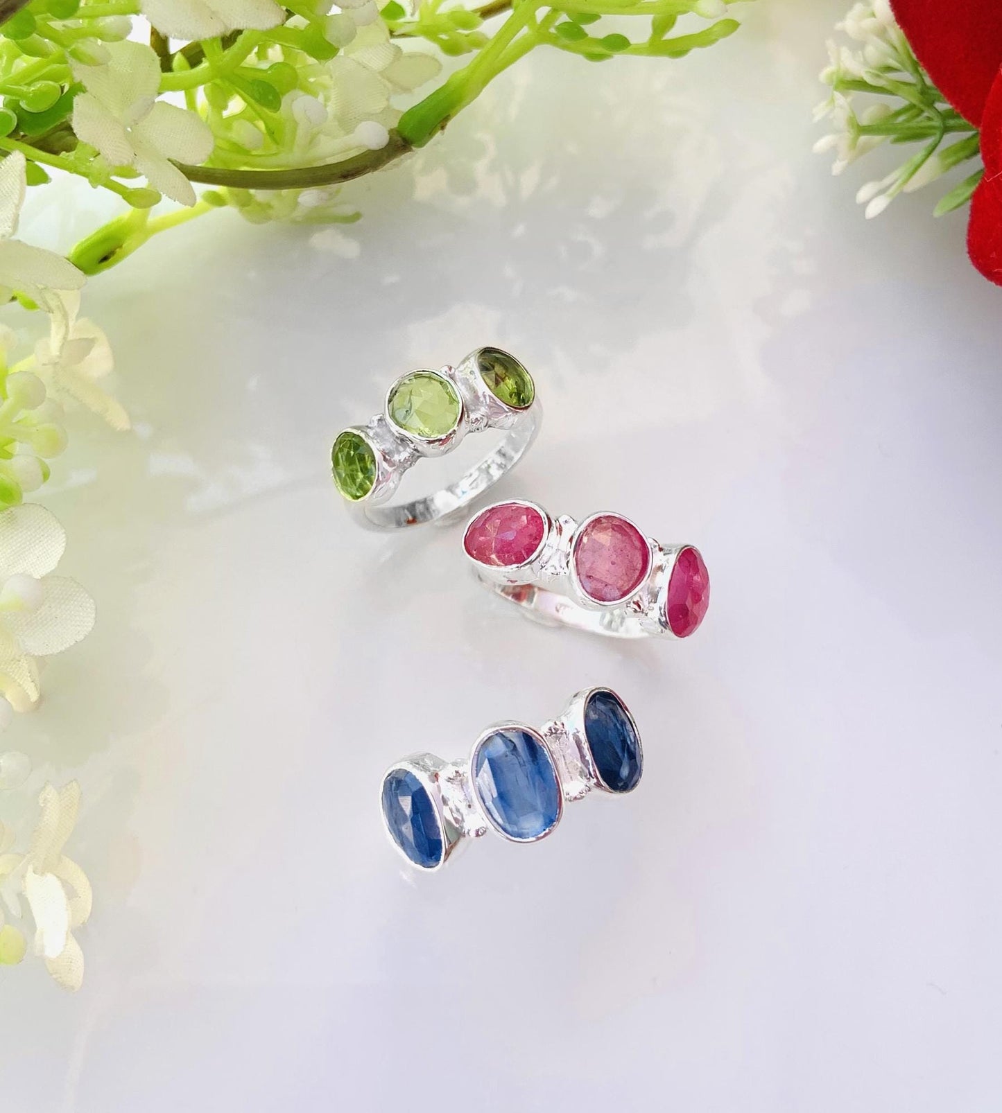 Multi - Stone Birthstone Ring - Minimalist Ruby Peridot Kyanite Stacking Band - BeadsBoatInc