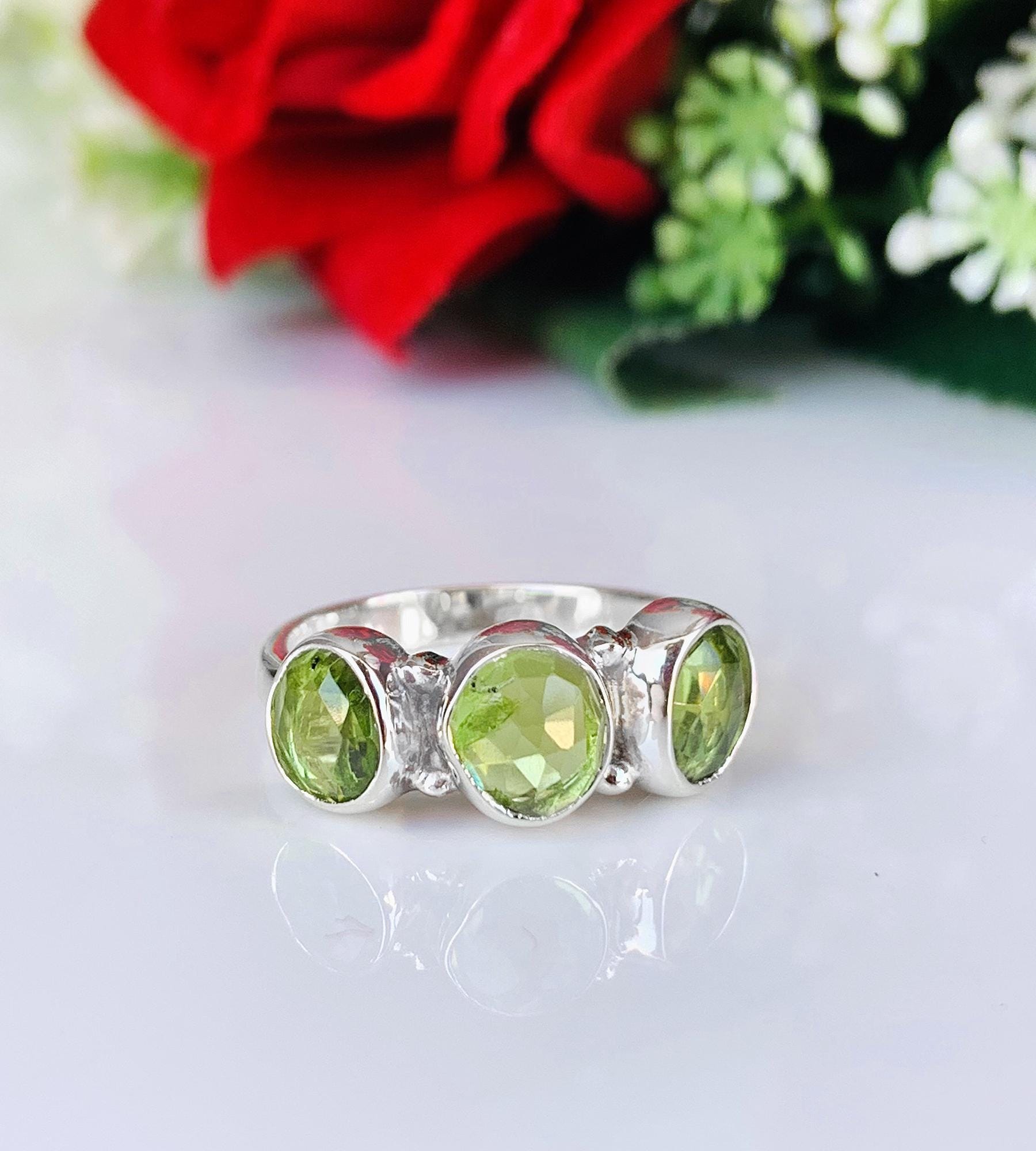 Multi - Stone Birthstone Ring - Minimalist Ruby Peridot Kyanite Stacking Band - BeadsBoatInc
