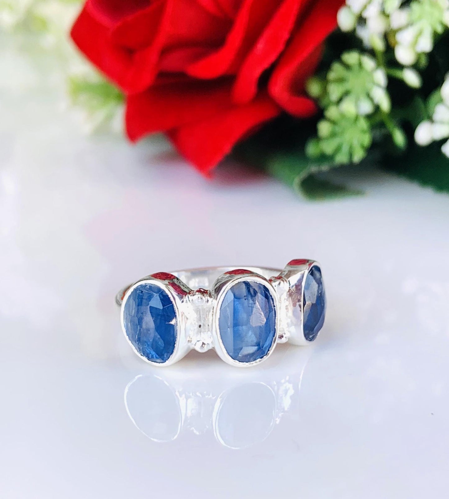 Multi - Stone Birthstone Ring - Minimalist Ruby Peridot Kyanite Stacking Band - BeadsBoatInc
