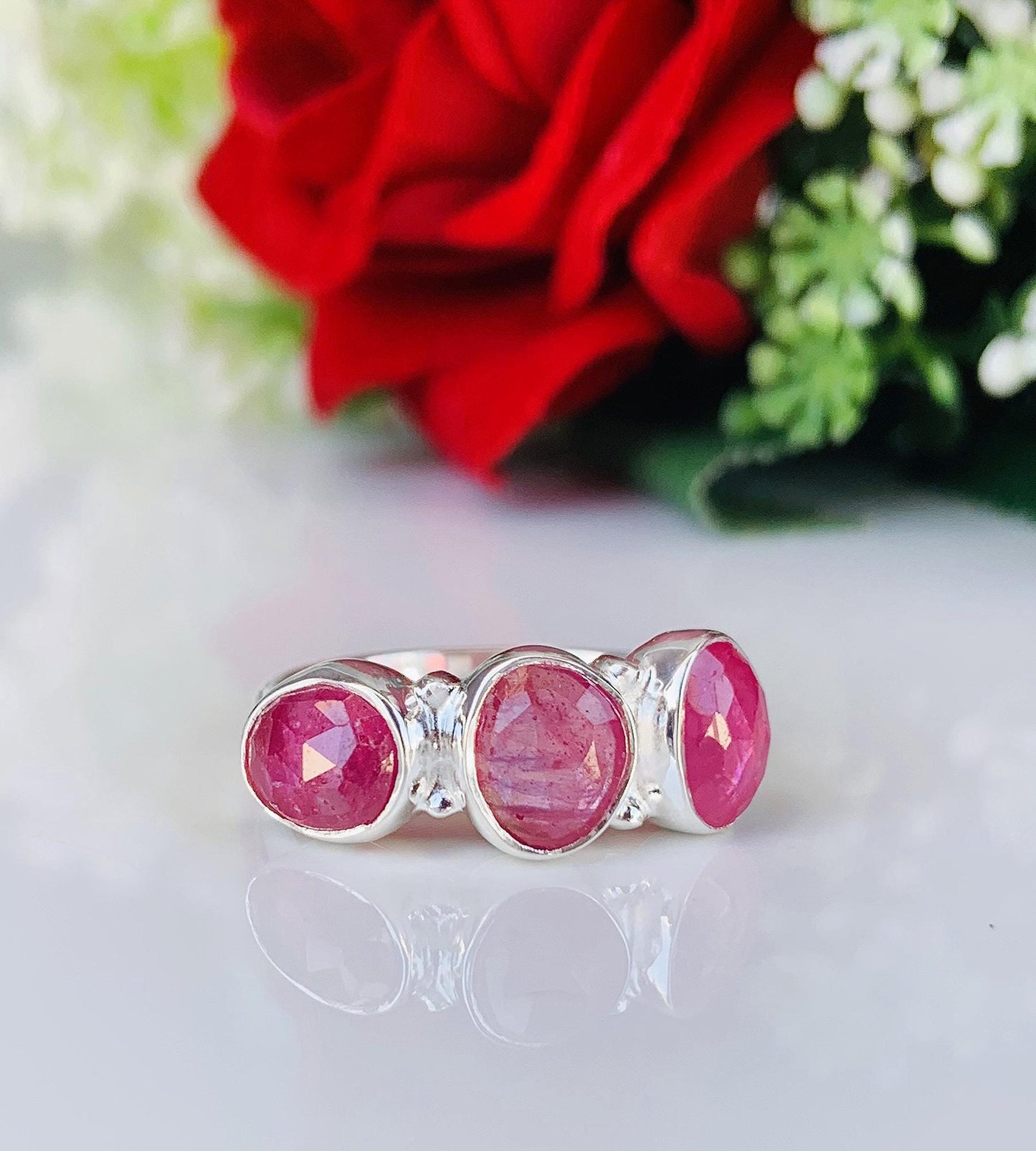 Multi - Stone Birthstone Ring - Minimalist Ruby Peridot Kyanite Stacking Band - BeadsBoatInc