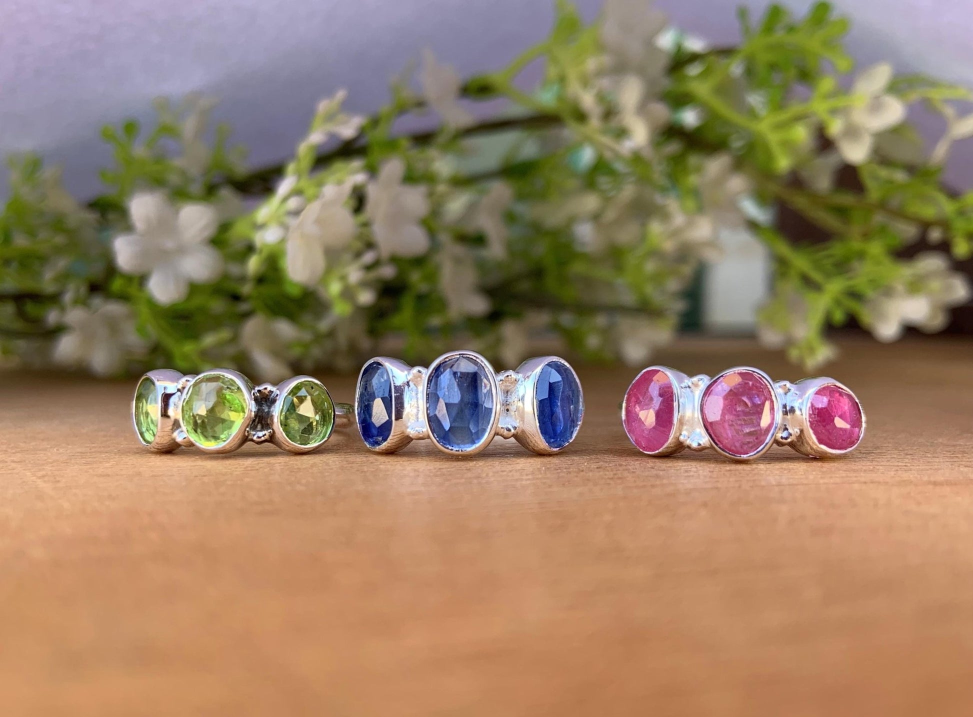Multi - Stone Birthstone Ring - Minimalist Ruby Peridot Kyanite Stacking Band - BeadsBoatInc